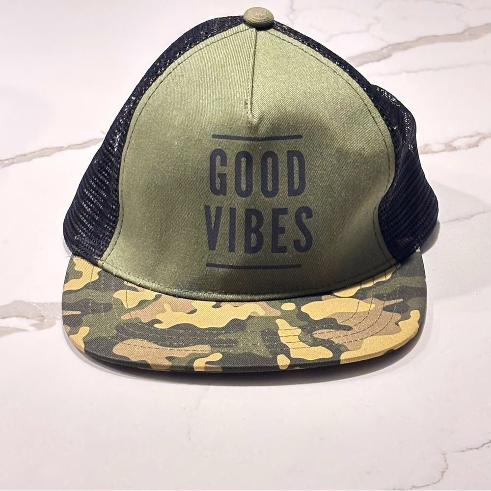 Unisex Green & Black Camo “Good Vibes” Snapback Hat – Kids Size